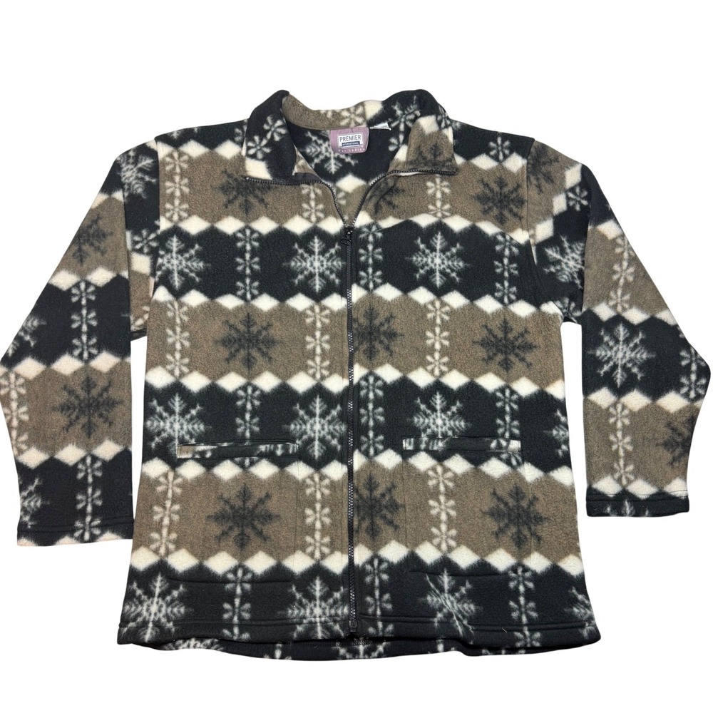 Nordic Snowflake Fleece Womens Full Zip Jacket Black Tan Large Nordic Outdoor